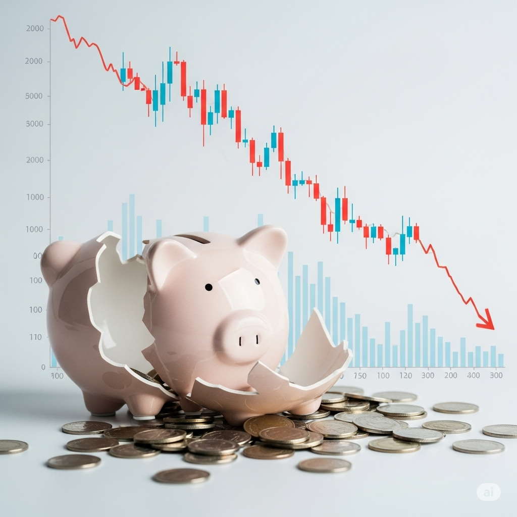 재테크 실패 사례를 보여주는 손실 그래프와 깨진 저금통
