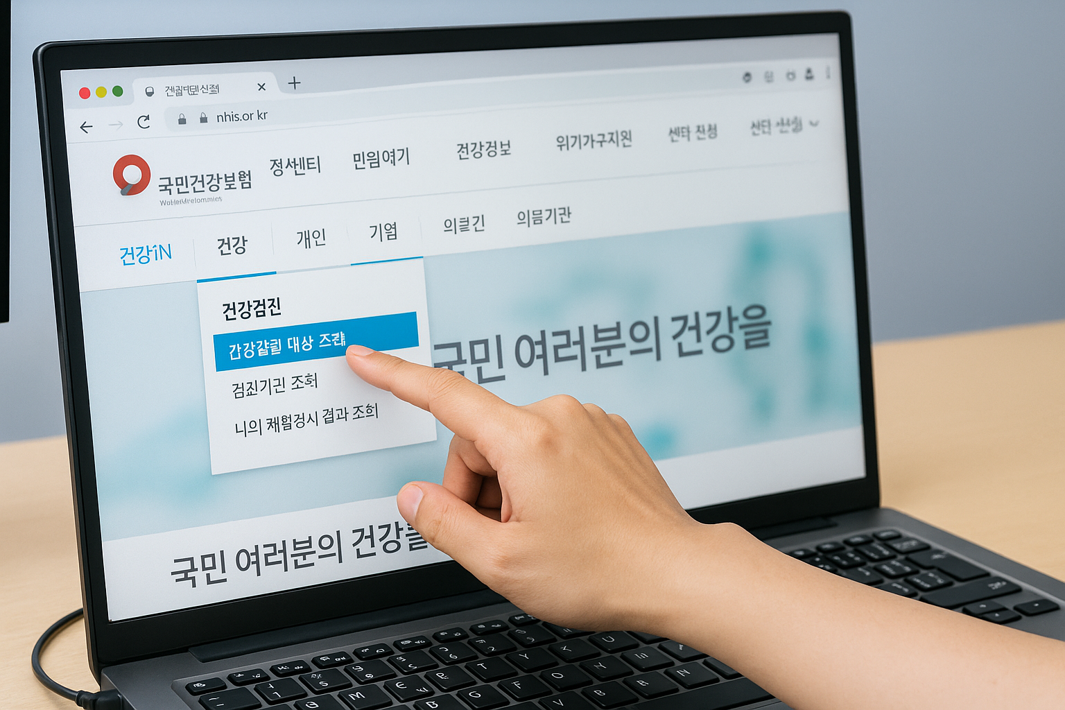 건강검진 대상자 조회 메뉴를 클릭 중인 손