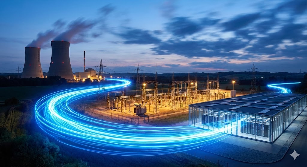 원자력 발전소(카메코)에서 만들어진 전기가 복잡한 전선망(이튼)을 타고 데이터 센터로 흘러 들어가는 모습