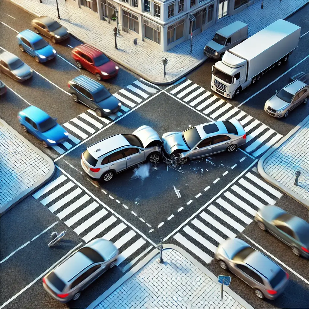 신호등 없는 교차로 교통사고 장면을 묘사한 일러스트