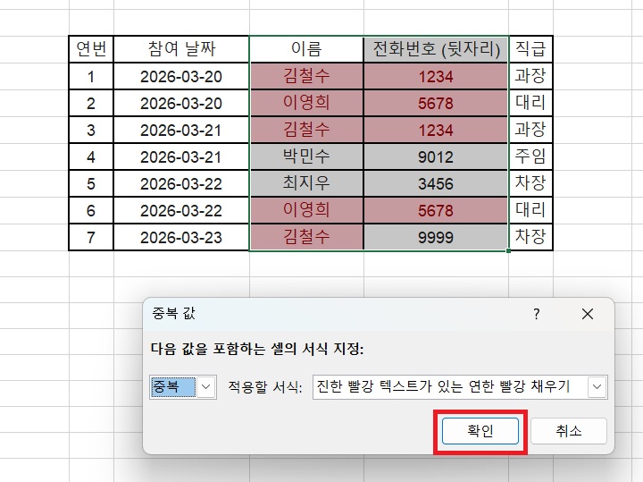 중복값 셀의 서식 지정 대화창 보임