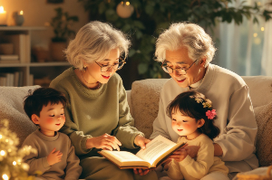 할아버지 할머니께서 손주에게 동화를 읽어주는 모습