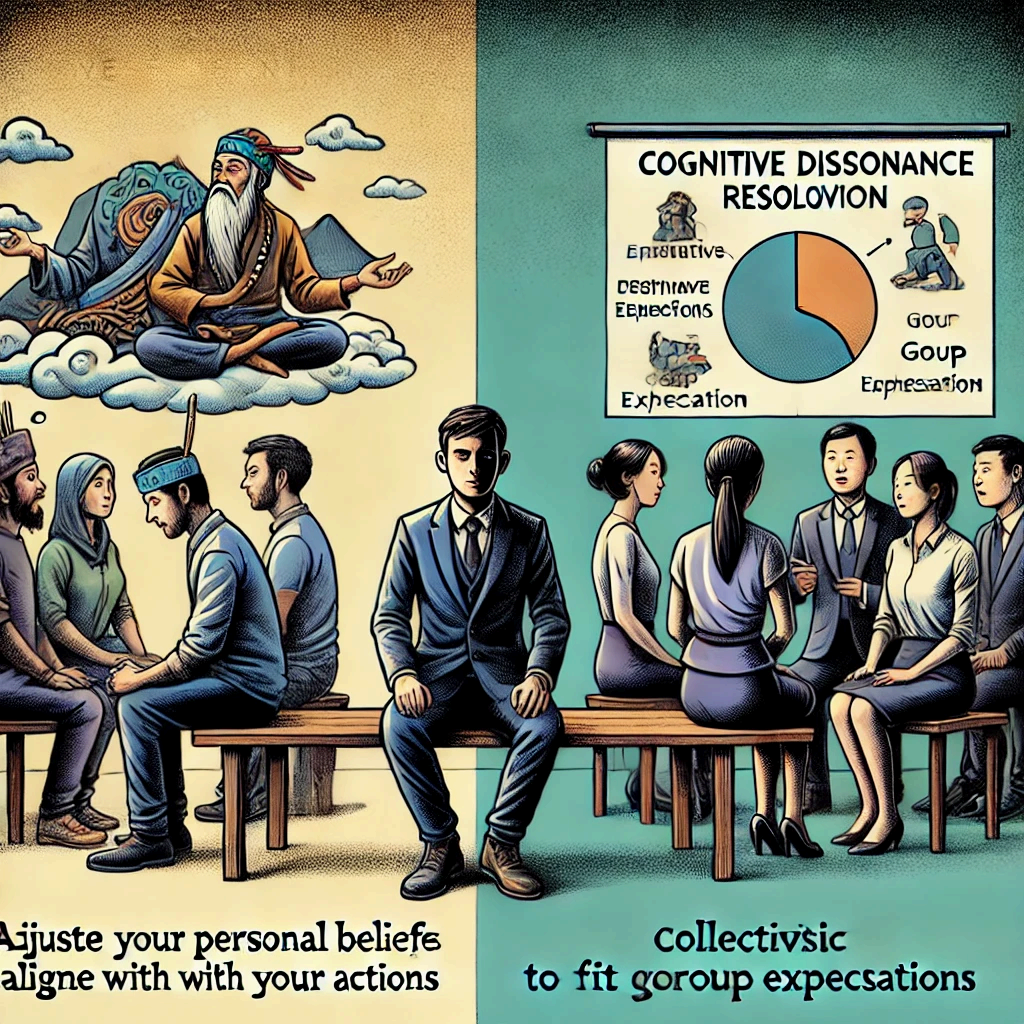 문화적 차이에 따른 인지 부조화 해결 방식: 서구는 개인주의적 접근 방식으로 개인의 신념을 변화시키며, 동양 집단주의적 접근 방식으로 행동을 조정하여 집단과 조화를 이룬다.