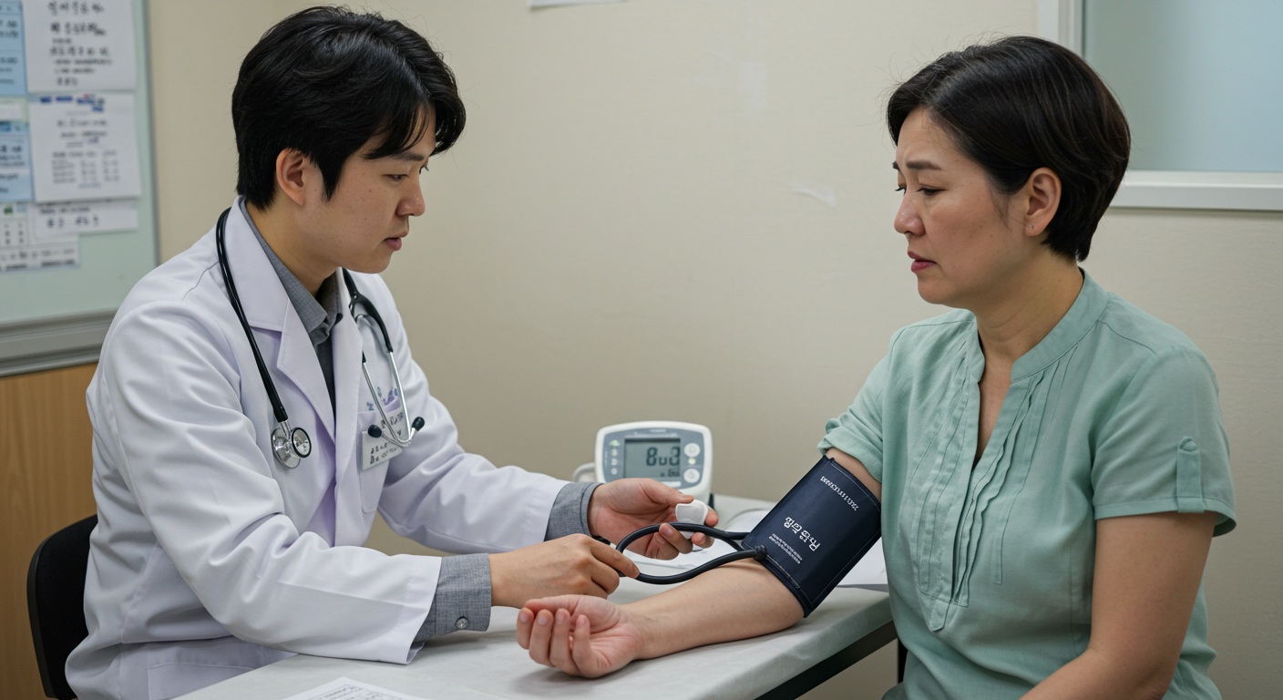 흰 가운을 입은 의사가 환자의 혈압을 측정하는 모습, 환자는 약간 긴장한 표정