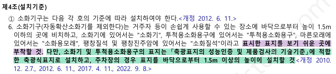 소화기 표지판은 야간에도 눈에 쉽게 띄는 축광 방식으로 합니다.