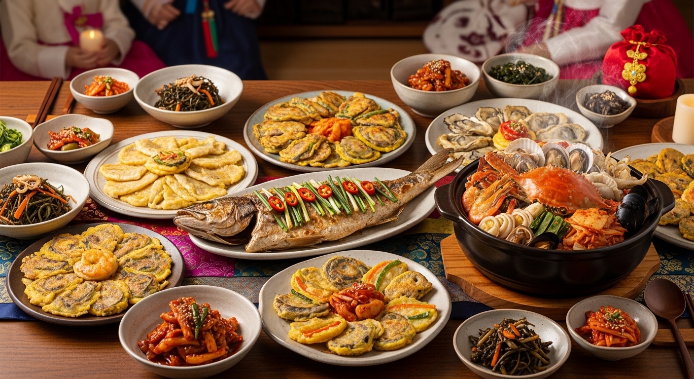 설 명절 식탁에 노릇하게 구워진 생선, 해산물 전, 해물찜 등 푸짐하고 정갈한 수산물 요리가 차려진 모습.