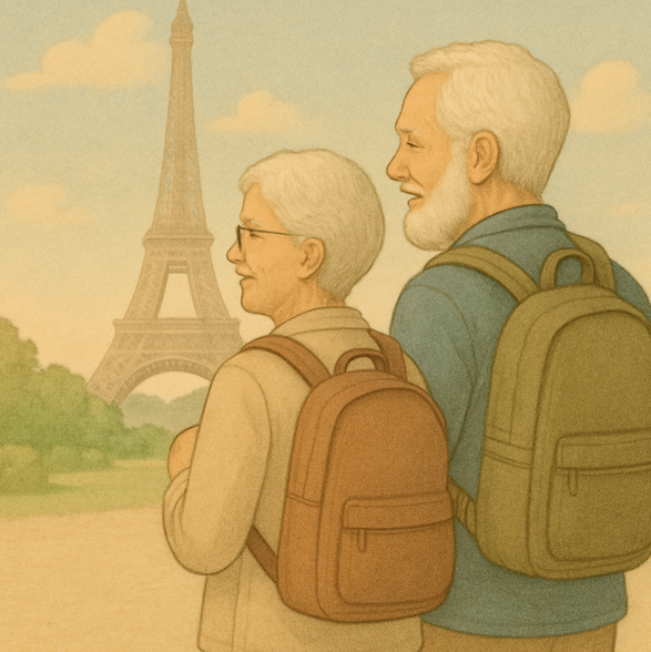 노부부가 배낭을 메고 프랑스 파리의 에펠탑 앞을 여행하는 모습