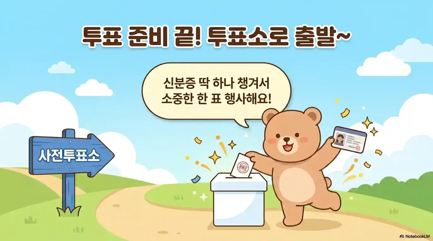 2026 지방선거 사전투표소 출발 일러스트 - 신분증 한 장 챙겨 소중한 한 표 행사 투표함 마무리 이미지