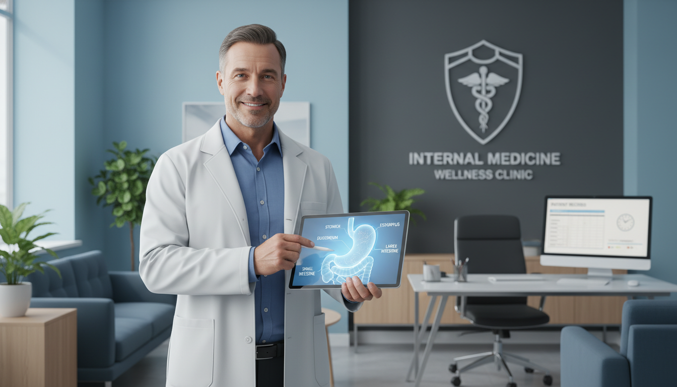 장염의 원인과 회복 방법을 자세히 설명하는 내과 의사의 모습