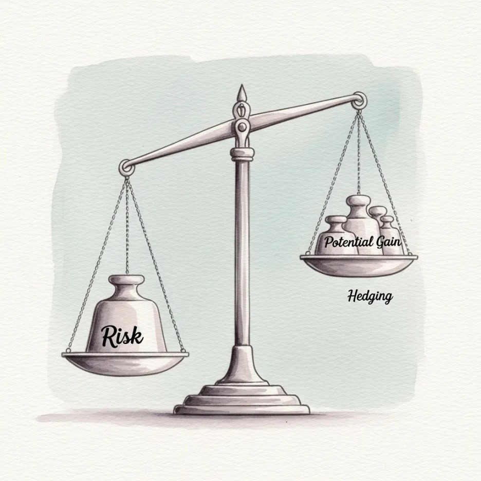 위험과 잠재적 이득 사이의 미묘한 균형을 보여주는 저울