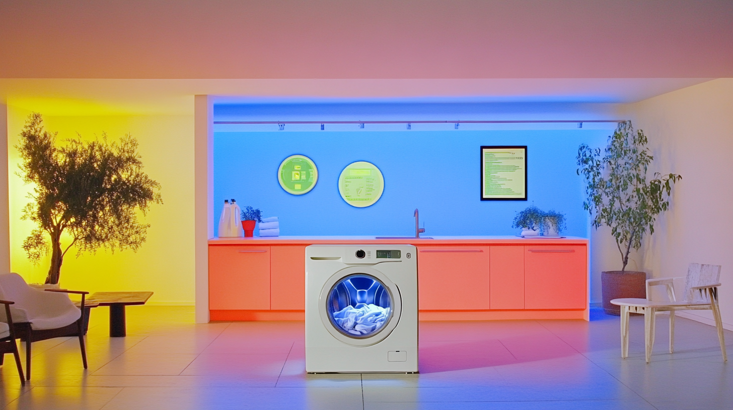 에너지 효율적인 LED 조명으로 밝혀진 현대적인 세탁실에서 세탁 중인 삼성 세탁기와 실시간 에너지 절약 지표