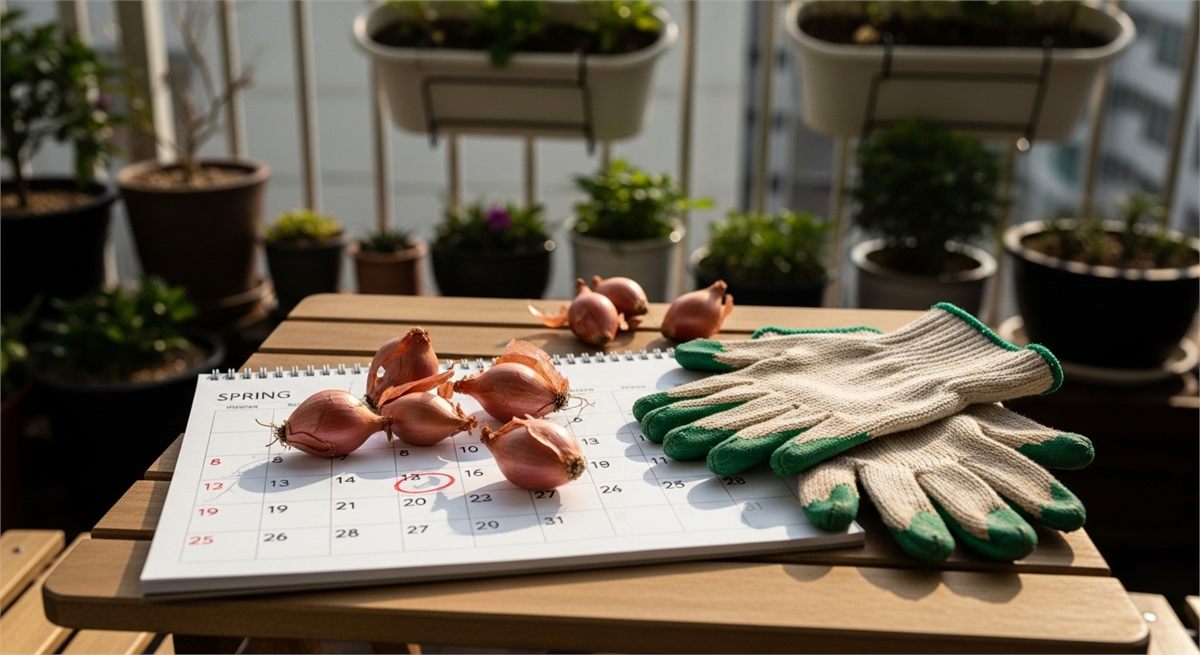 달력과 종구로 쪽파 심는시기를 상징한 베란다 가드닝 장면 
