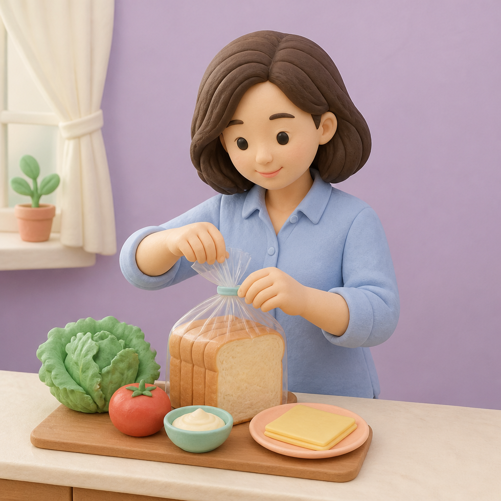 아침 주방에서 식빵 봉지를 열고 재료를 꺼내는 사람
