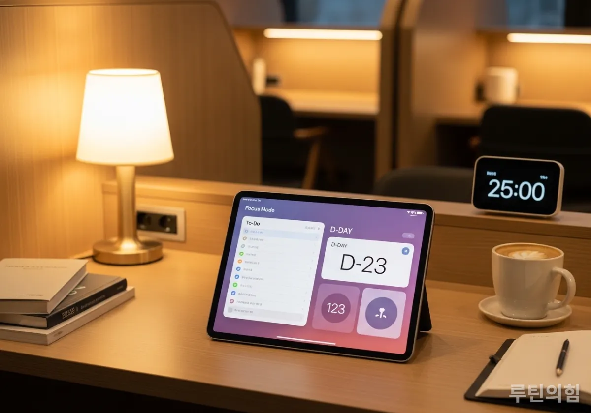 스터디 카페에서 집중 모드가 켜진 아이패드 홈 화면 위젯 배치 모습