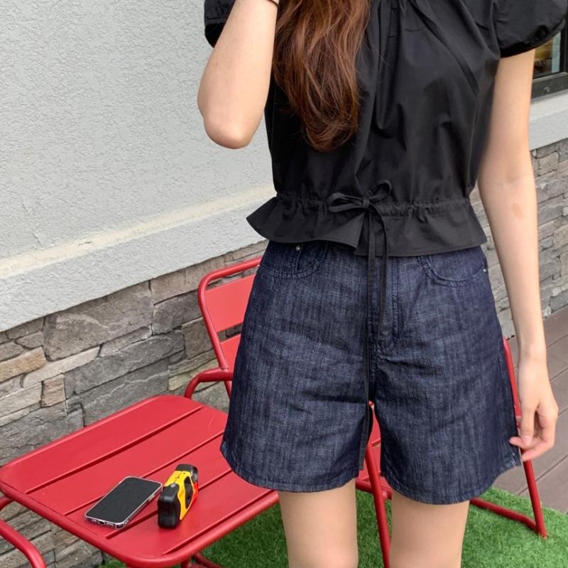 여성 여름 논페이드 하이웨스트 생지 데님 반바지