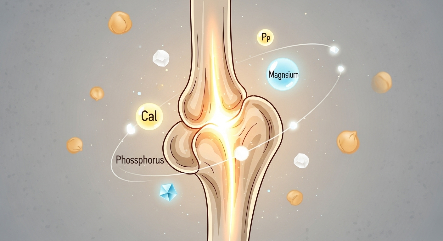 칼슘, 마그네슘 등 뼈 건강에 필수적인 미네랄이 풍부한 병아리콩이 튼튼한 뼈를 지탱하는 모습을 시각적으로 표현한 그림.