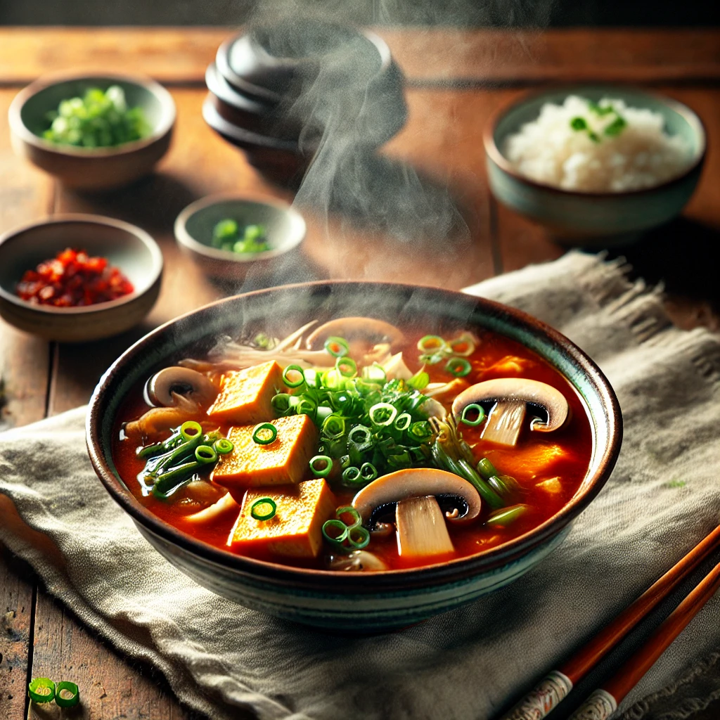 따뜻한 한식 찌개 한 그릇이 식탁 위에서 김을 모락모락 피우며 맛있게 끓고 있다