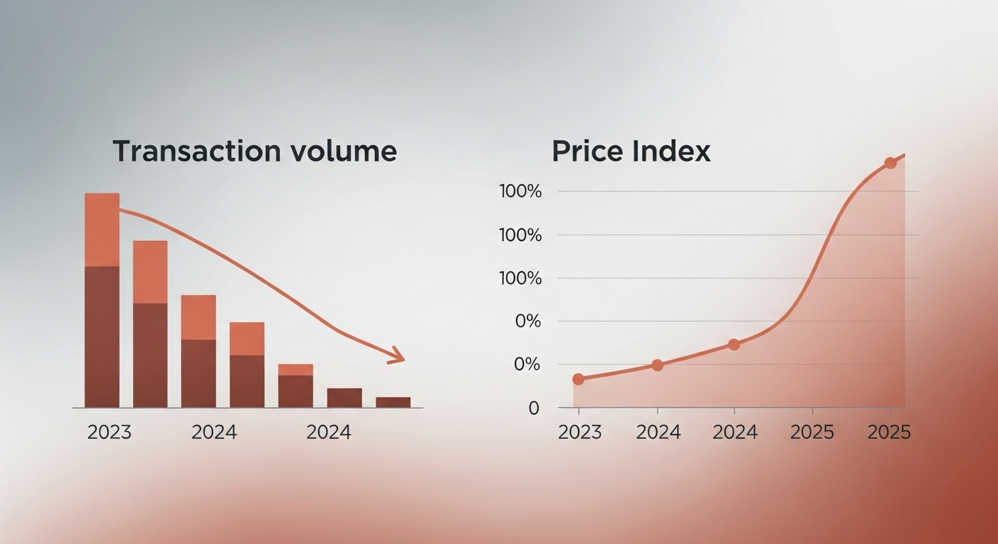 2025년 부동산 거래량과 가격 지수가 침체 후 완만한 회복세를 보이는 차트 이미지.