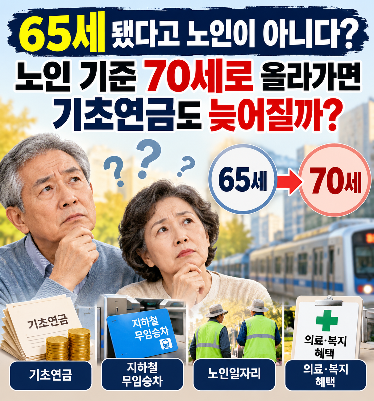 65세에서 70세로 노인 기준 상향 논의와 기초연금 등 복지혜택 변화를 살펴보는 모습