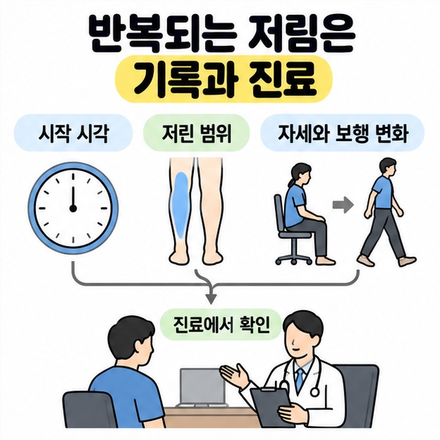 시작 시각과 저린 범위, 자세와 보행 변화를 시계와 다리 및 앉고 걷는 그림으로 나타내고 진료 상담에 연결한 도식