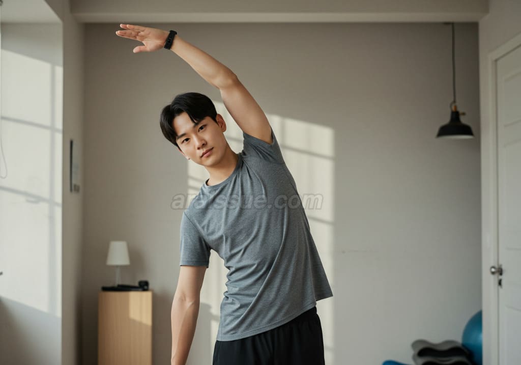 운동 전 스트레칭을 하는 한국인. 상체를 스트레칭하며 관절을 풀어주는 모습입니다.