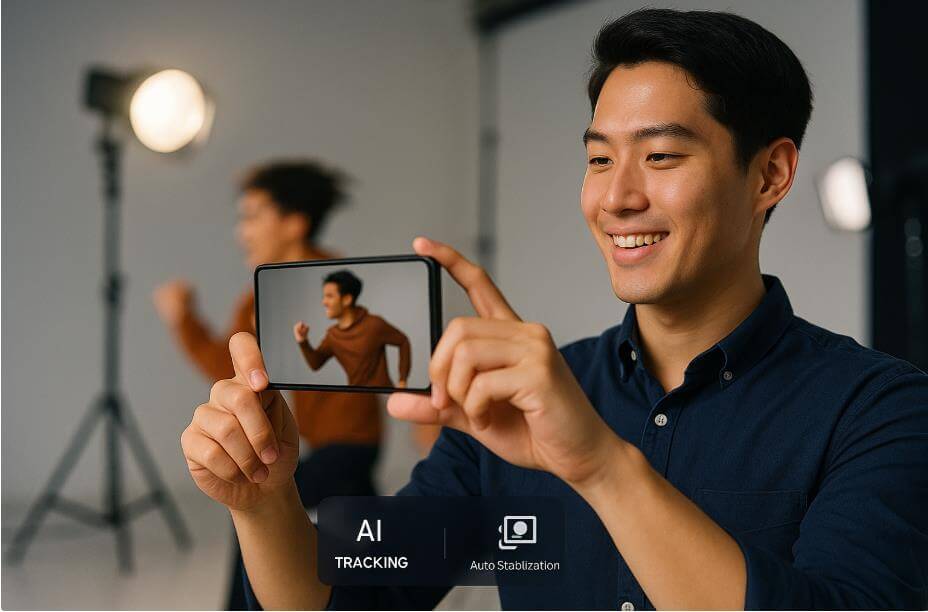 AI가 실시간으로 움직임을 추적하며 영상을 안정화하는 장면