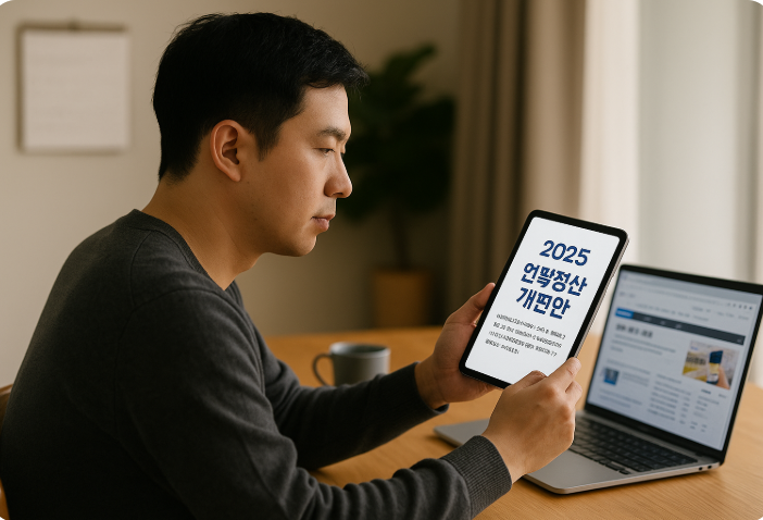 연말정산 개편안을 태블릿으로 확인 중인 남성