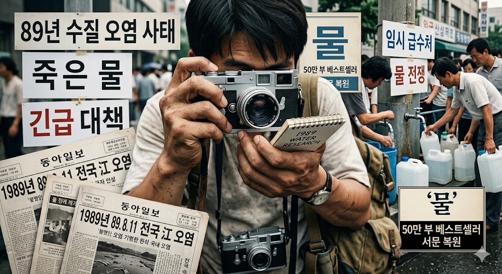 1989년 낙동강 수질 오염 사태를 취재하는 기자가 카메라를 들고 있는 모습을 중심으로, 주변에 '89년 수질 오염 사태 죽은 물 긴급 대책', '임시 급수처 물 전쟁'이라는 피켓과 '동아일보 1989.8.11 전국 강 오염' 신문 기사들이 배치되어 있으며, 우측 하단에 '물 50만 부 베스트셀러 서문 복원' 문구가 정갈하게 적혀 있는 역사 고증 스타일의 건강습관 이미지