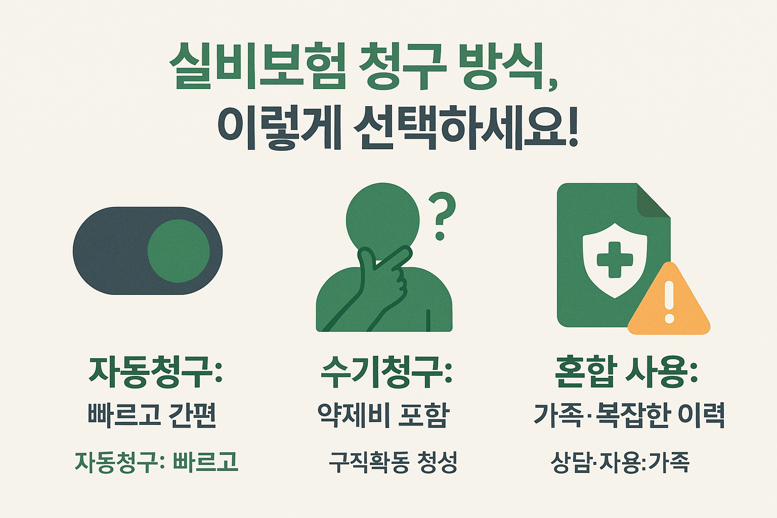 자동청구, 수기청구, 혼합사용 각각의 특징과 추천 사용 상황을 시각적으로 구성하여 보험 청구 방식 선택을 도와주는 인포그래픽입니다.