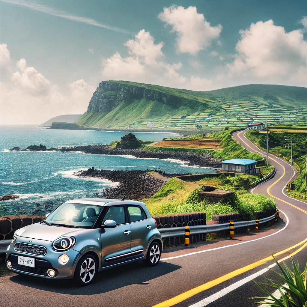 제주도 해안도로에서 주행 중인 렌트카, 푸른 하늘과 바다, 절벽, 그리고 주변 자연경관이 어우러진 풍경