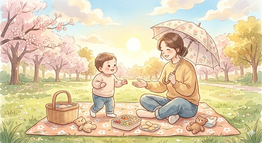 A mother sitting on a picnic mat under a parasol in a sunny spring park, while her toddler walks on the grass nearby with snacks and fruit laid out beside them.
