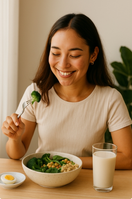건강한 여성이 아침 식탁에서 두부&middot;브로콜리&middot;삶은 달걀과 두유를 함께한 단백질 식단을 즐기며 미소 짓는 모습, 부드러운 자연광이 들어오는 주방 풍경.