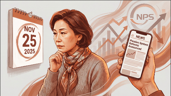 2025년 11월 25일, 국민연금 추후납부 제도 변경 소식을 스마트폰으로 확인하는 중년 여성, 중요한 금융 정보에 집중하는 모습.