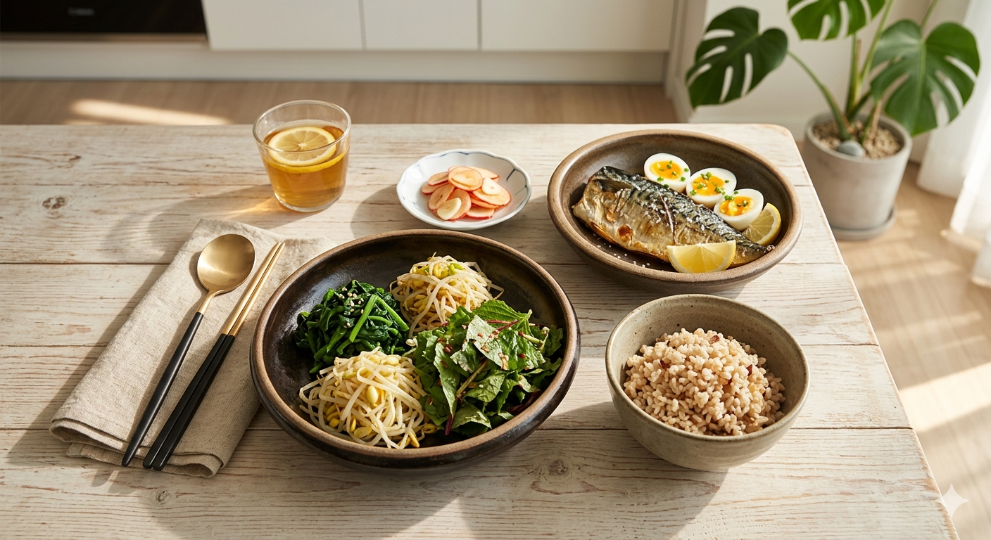 "햇살이 비치는 나무 테이블 위에 놓인 정갈한 Korean 한상차림 사진. Vege(채소) - Protein(단백질, 구운 고등어와 삶은 달걀) - Carb(탄수화물, 잡곡밥) 순서대로 배치되어 혈당 스파이크 예방 식사법 정보를 제공하는 건강 블로그 이미지"