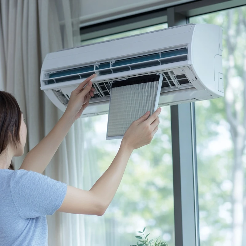 새로운 에어컨 필터를 설치하며 실내 공기 질을 개선하는 방법을 설명합니다. 먼지가 없는 필터 교체는 에너지 효율성과 청결함을 강조합니다. 공기 필터 교체 주기와 청결 유지가 중요합니다.