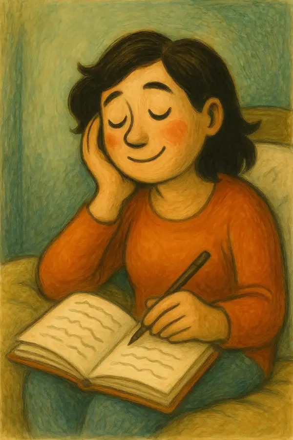 편안한 공간에서 일기장에 글을 쓰며 감정을 표현하는 인물의 모습