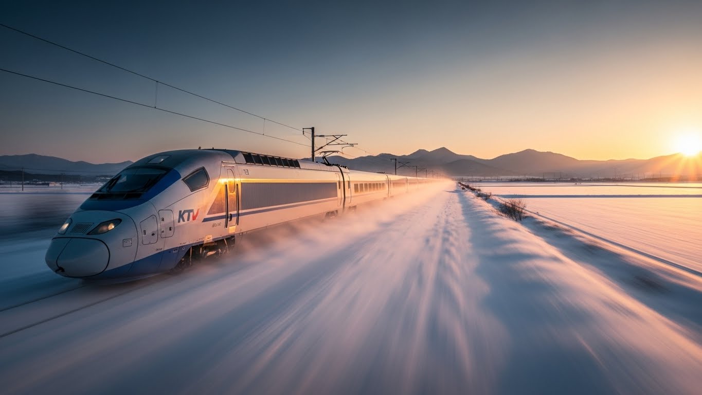 눈 덮인 산천을 가르는 KTX 열차와 설날 명절 분위기의 고화질 이미지