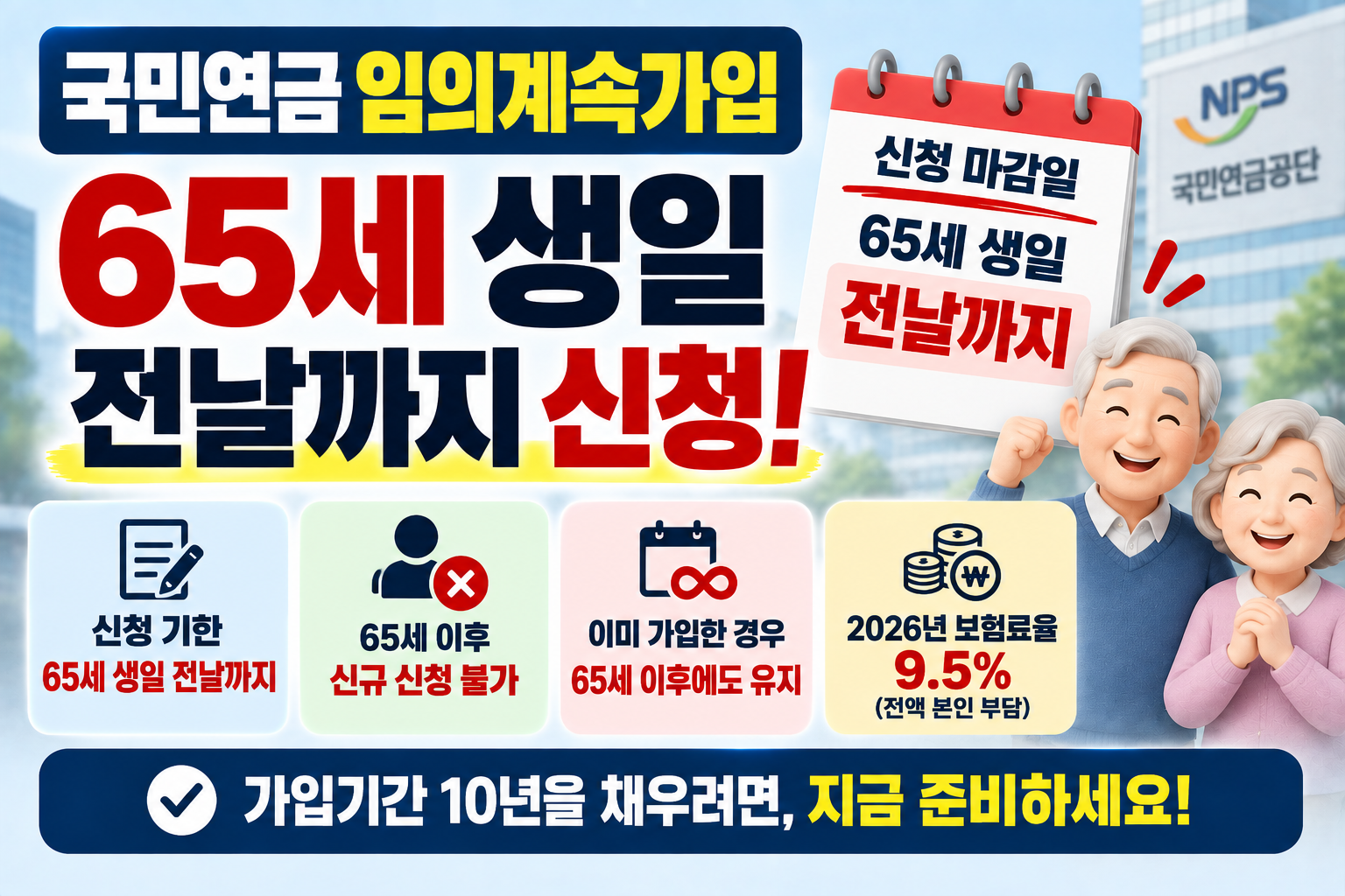 국민연금 임의계속가입 신청은 65세 생일 전날까지