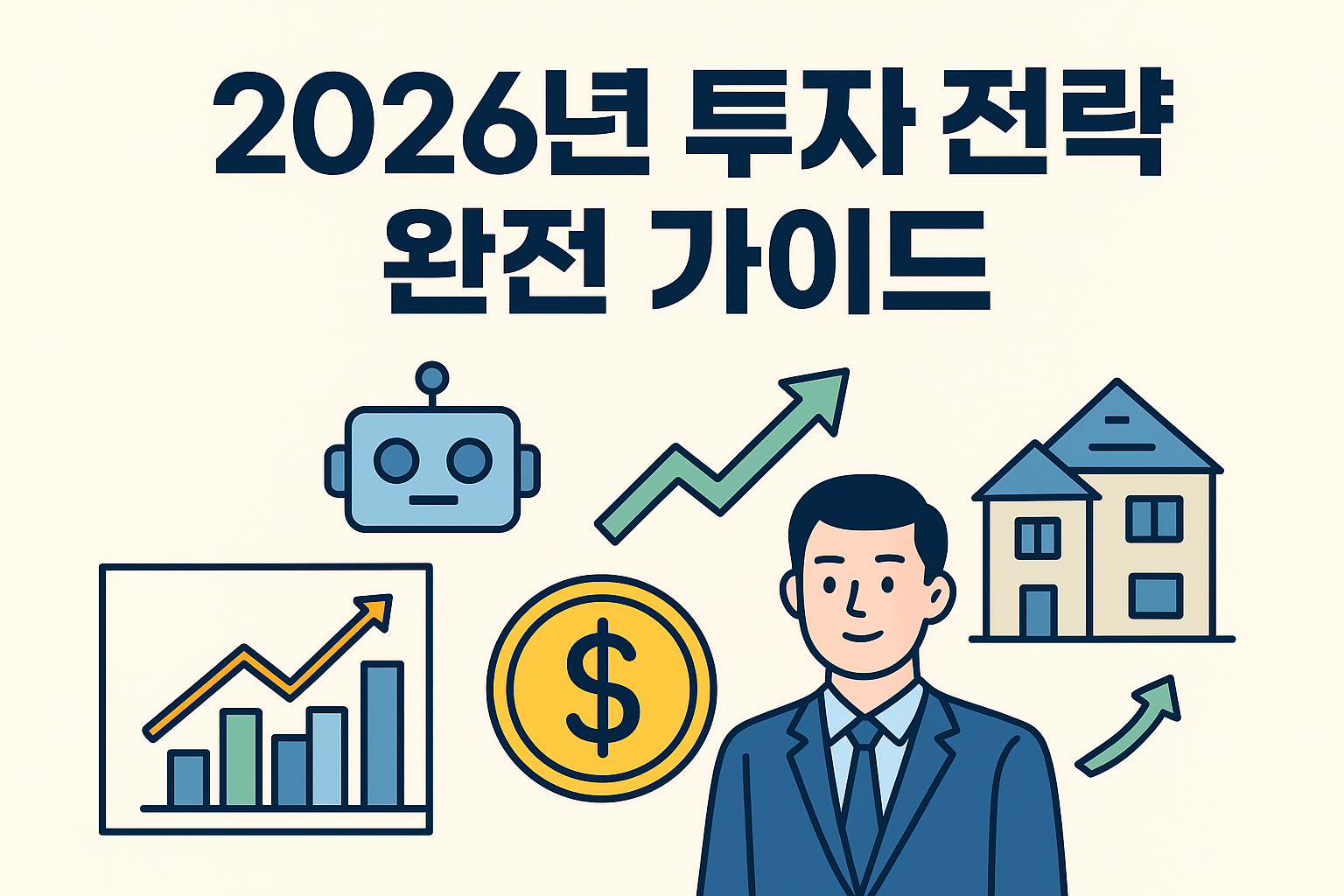 2026년 투자 전략을 상징하는 일러스트: 금리·주식·부동산·AI 로봇 아이콘과 상승 그래프, 투자자가 함께 배치된 이미지