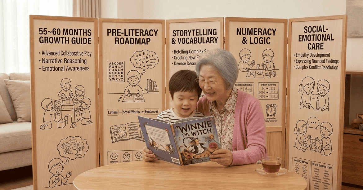 만 5개월 남자아이가 할머니와 다정하게 'winnie the Witch' 책을 보고있는 이미지