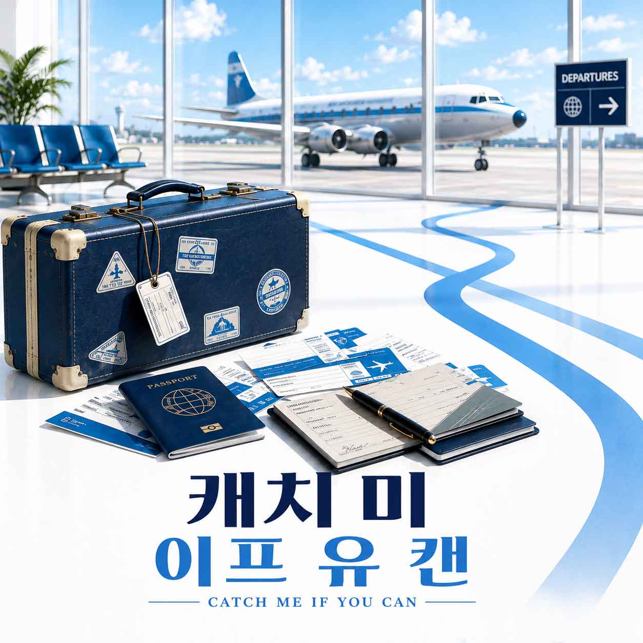 캐치 미 이프 유 캔 영화를 나타내는 이미지, 밝은 공항 출국장을 배경으로 여행 가방과 여권, 항공권과 서류가 놓여 있고 창밖에 여객기가 보이는 장면