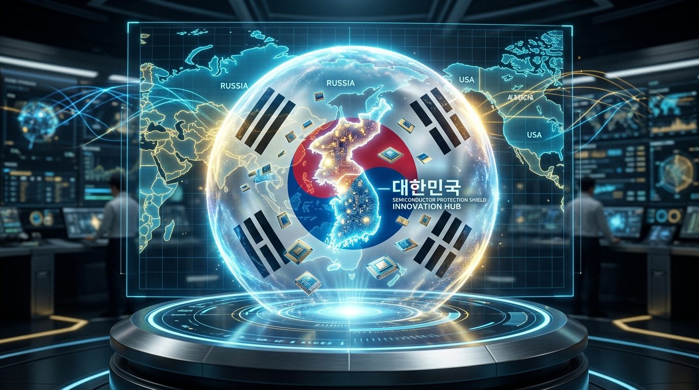 세계 지도 위로 태극기 문양의 방패가 형성되고 그 위로 반도체 칩들이 안전하게 내려앉는 모습