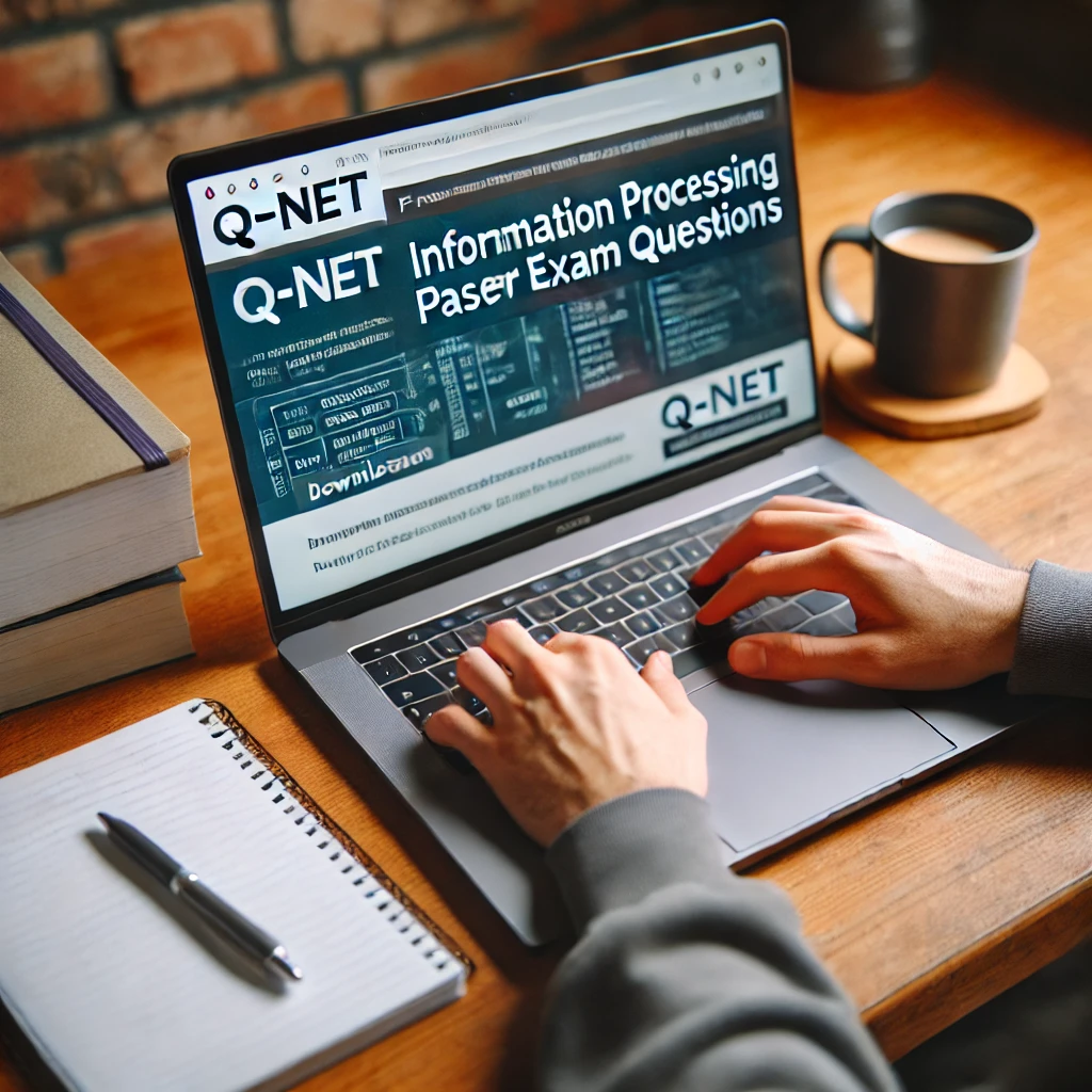 책상에 앉아 노트북으로 Q-net 웹사이트에서 정보처리기사 기출문제를 다운로드하는 사람. 옆에는 노트와 커피잔이 놓여 있음