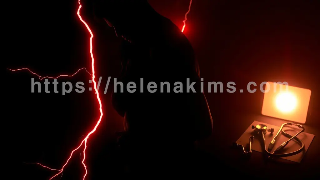 어두운 배경에 흐릿하게 보이는 고통스러운 표정의 사람 실루엣이 자신의 복부나 목을 잡고 있는 모습. 그 앞쪽으로 붉은색의 섬광이 번개처럼 지나가거나 경고등이 점멸하는 듯한 효과를 준다. 동시에, 화면 한쪽 구석에서 따뜻하고 부드러운 빛이 스며들며, 빛 아래 청진기, 내시경 기구 이미지 등 전문 의료 기기들이 작게 배치되어 치료와 희망을 암시한 이미지.