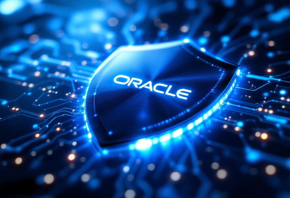 오라클 로고가 새겨진 빛나는 방패 모양의 AI 반도체 칩, AI 클라우드 보안과 기술력을 상징