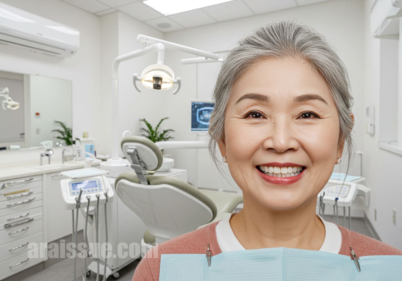 노년 여성이 틀니 시술 후 밝게 웃고 있는 모습입니다.
현대적인 치과 진료실에서 진행된 시술의 만족스러운 결과를 보여주는 장면입니다.