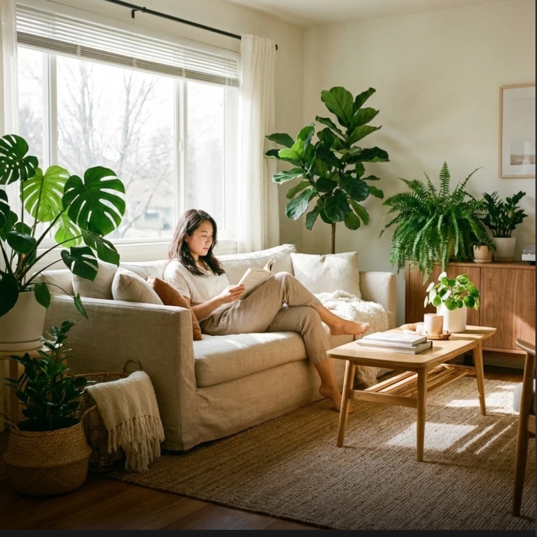 햇살이 비치는 창가에 놓인 초록색 식물들, 공기 정화 및 가습효과, 겨울철 실내 건조함 해소