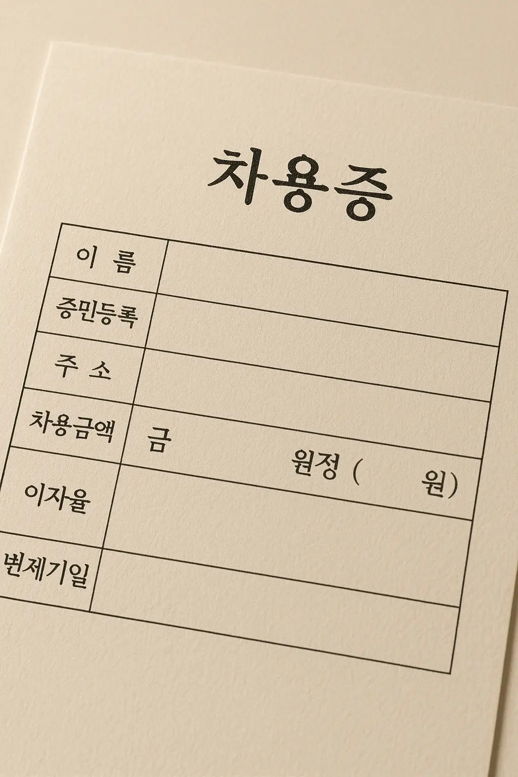 표준 차용증양식 서식 - 이름, 주민등록번호, 주소, 차용금액, 이자율, 변제기일 항목이 포함된 공식 차용증 템플릿