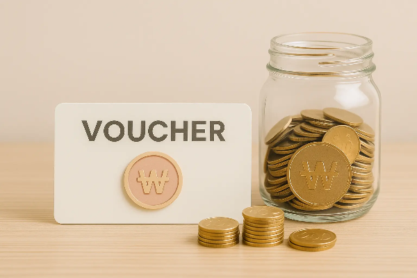 바우처 카드와 원화 금화가 유리병에 담겨 있는 재정 테마의 정물 이미지, 텍스트 없음