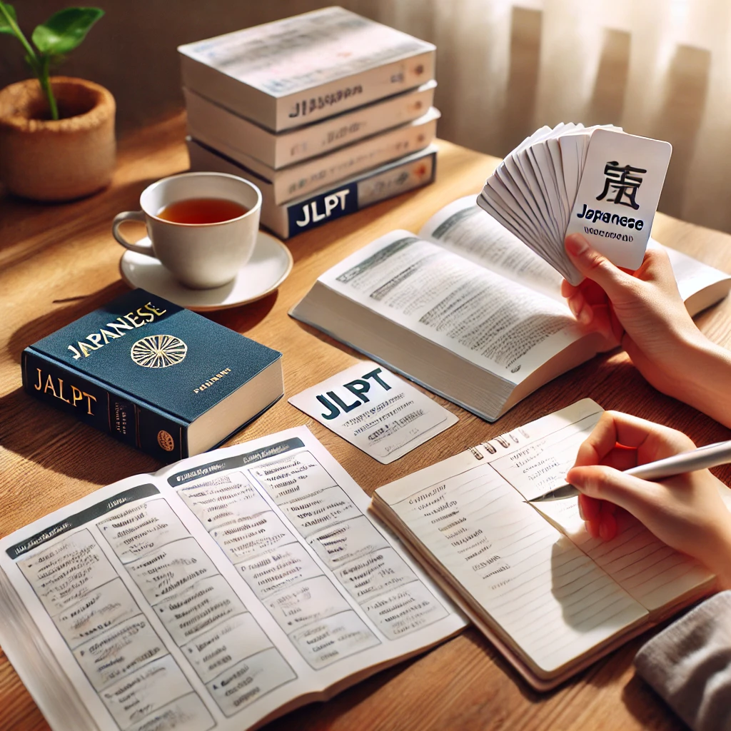 플래시카드로 일본어 어휘를 공부하는 학생